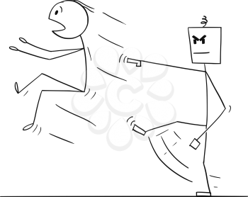 Cartoon stick figure drawing conceptual illustration of man kicked out or replaced by artificial intelligence humanoid robot. Metaphor of AI replacing human.