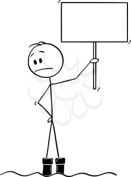 Vector cartoon stick figure drawing conceptual illustration of man standing with empty sign in water flood and watching with concern how the water continue to rise.