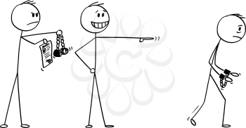 Vector cartoon stick figure drawing conceptual illustration of businessman making a mock or ridicule to man going to jail with handcuffs on hands, while policeman is going to arrest him too.