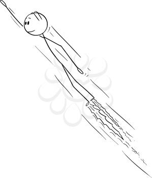 Cartoon stick figure drawing conceptual illustration of man or businessman flying in superhero pose with hand forward with flames coming from his foots.