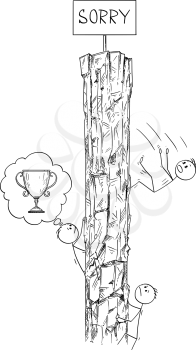Cartoon stick drawing conceptual illustration of men or businessmen climbing the rock hoping to win the trophy or victory on the top, but there is just sign saying sorry. Business concept of challenge, competition and success.