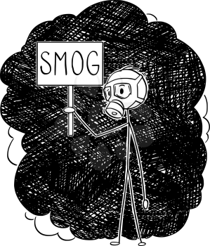 Cartoon stick drawing conceptual illustration of man with or wearing a gas mask and standing in polluted air and holding smog sign.