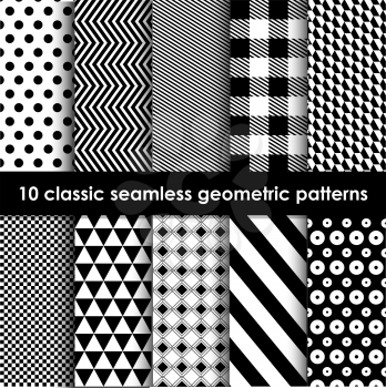 Geometric patterns. Set of 10 monochrome classic seamless patterns. May be used as background, backdrop, invitation card etc.