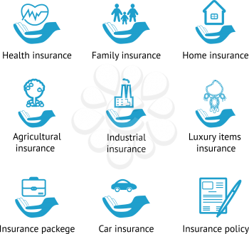 Vector insurance pictograms set- home, auto, health, life insurance, insurance luxury items, agricultural and business risk insurance, insurance package, insurance policy
