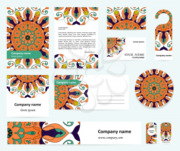 Stationery template design with blue-orange mandalas. Documentation for business.