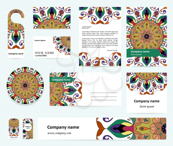 Stationery template design with colorful mandalas. Blue, green and terracot colors. Documentation for business.