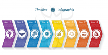 Template Timeline Infographic from colour arrows numbered for 8 position can be used for workflow, banner, diagram, web design, area chart