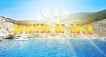 Summer Of Love Concept. Porto Katsiki Beach in Lefkada Island, Greece. Blured Background With Text Summer Of Love