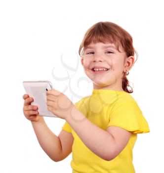 happy little girl holding tablet pc