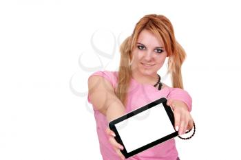 beautiful girl with tablet pc posing