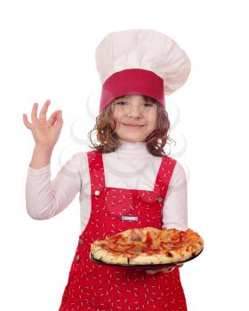 beautiful little girl cook with pizza