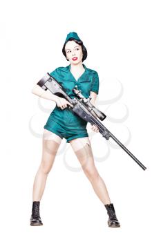 Portrait of Beautiful Brunette with black hair. Pin up Female Dressed in military clothing Uniform and Garrison cap with sniper rifle. Army Pin-up Girl Concept