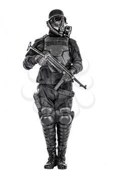 Futuristic nazi soldier gas mask and steel helmet with schmeisser handgun isolated on white studio shot