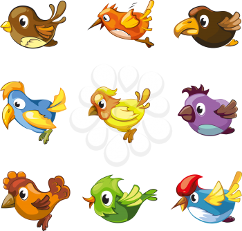 Funny birds icons. Cartoon birds vector set for game ui with birds