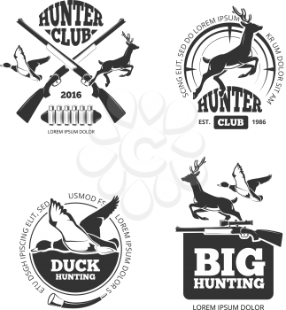 Vector retro vintage hunting labels, emblems, logos, badges. Hunting logotype, duck and deer, hunting hobby, hunting sport illustration