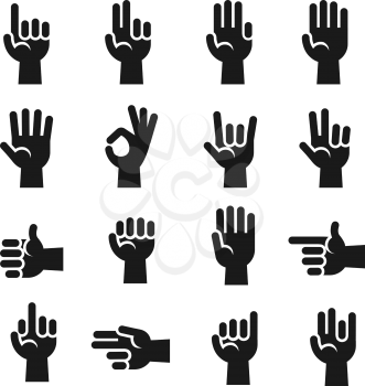 Hands icons set finger counting, stop gesture, devil horns, okay, v sign vector set. Human hand and communication gesture with hand illustration