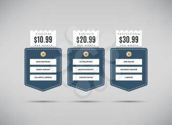 Web pricing table vector template for business plan with comparison of services