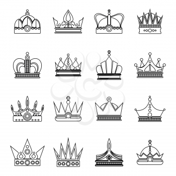 Crown vector icon set. Crowns in line art style on white