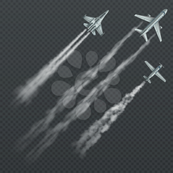 Airplanes and military fighters with condensation smoky trail isolated vector collection. Aviation aircraft flight, fighter in sky illustration