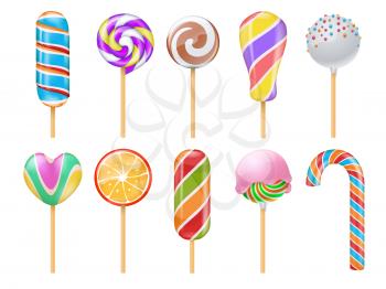 Sweet candies, sweets, caramel, rainbow lollipops, cotton candy and sucker 3d vector illustration isolated. Caramel and lollypop, sucker lolly color rainbow