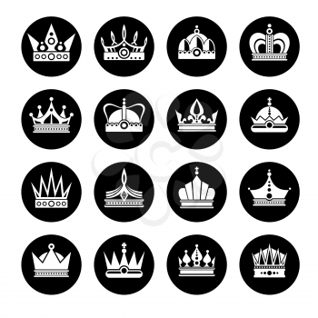 Vector royal crowns icons set. Black white crown collection illustration