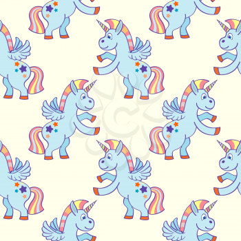 Pastel colored hand drawn unicorns seamless pattern. Background fantasy sketch illustration