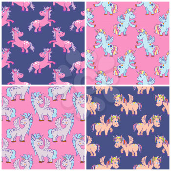 Vector hand drawn unicorns seamless patterns set. Illustration of pattern with fairy animals