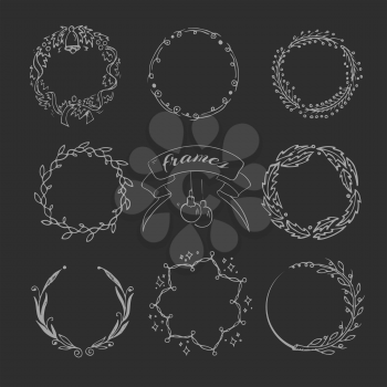 Christmas hand drawing wreath and ornament wedding decoration in doodle style vector set. Decoration frame for wedding or xmas, ornament sketch floral frame illustration