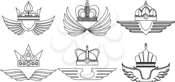 Linear crown vector logo set with wings