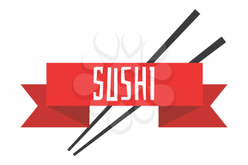Japanese sushi menu vector illustration template. Chopsticks with red ribbon