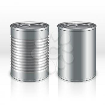 Blank metal products container, tin cans isolated on transparent checkered background. vector mockups. Steel bank product for food, tincan aluminum closed illustration