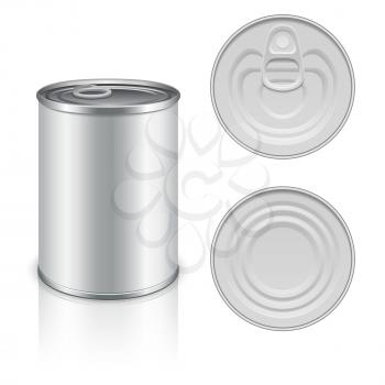 Canned metal packaging vector template for your design. Aluminum canned for food, steel package closed for storage illustration
