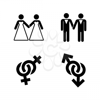 Vector gay wedding icons set white. Marriage love lesbian illustration