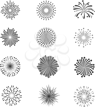 Festive fireworks, star explosion vector collection. Monochrome fireworks for celebration holiday illustration