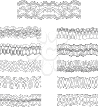 Guilloche vector borders set engraving money pattern texture. Watermark for protected banknote, diploma and money illustration