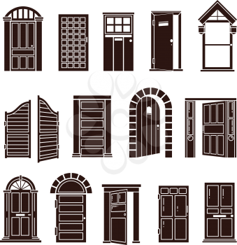 Open and closed door black vector icons set. Entrance to home or doorway to office illustration