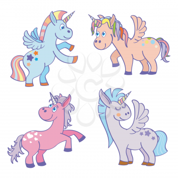 Cute cartoon miracle unicorns vector set. Happy horse with horn illustration