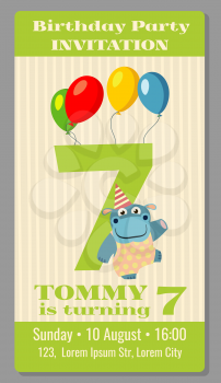 Kids birthday party invitation card with funny hippo vector illustration