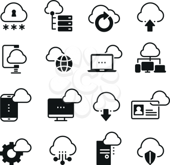 Internet cloud computing vector icon set. Download database from cloud, illustration of network cloud protection