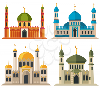 Arabic muslim mosques and minarets. Religious eastern architecture cartoon buildings. Islam architecture traditional, illustration of religious islam building
