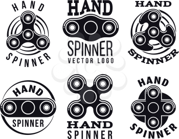 Hand spinner vector logo set. Fidget spinners emblems. Hands precision bearing rolling balls vector labels