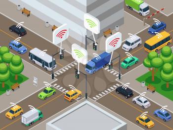 Vehicles with infrared sensor device. Unmanned smart cars in city traffic vector illustration. Sensor car autonomous drive on road city