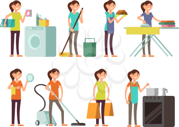 Cartoon housewife in housework activity vector set. Happy woman performing household. Housewife female person illustration