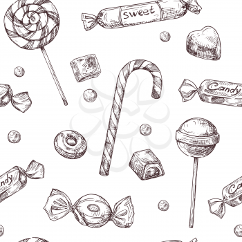 Seamless candy background. Sketch chocolate candy, lollipop and marmalade sweets, hand drawn vector wrapper texrure. Illustration of candy and chocolate candy