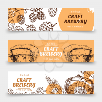 Doodle sketch brewery vintage vector banners with beer and hops. Illustration of beer brewery card, sketch alcohol beverage