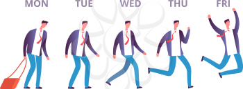 Man friday concept. Funny businessman feeling happy going through week days to weekend. Happy friday vector concept. Friday jump day, happy man illutration