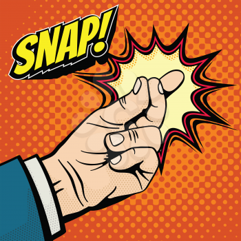 Male hand with snapping finger magic gesture. Its easy vector concept in pop art style. Finger snap gesture, snapping click gesturing expression, vector illustration