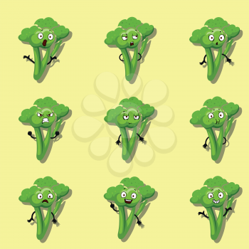 Broccoli different emotions. Vector cartoon style character set. Broccoli cartoon character, funny emotion vegetable illustration