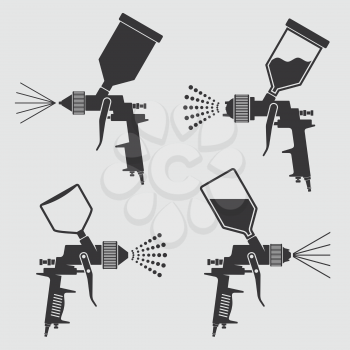 Auto body industrial painting spray gun vector icons. Auto paint spray, airbrush equipment gun illustration