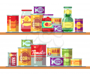 Red tomato soup and canned food vector illustration. Tomato tinned container product in shelf retail